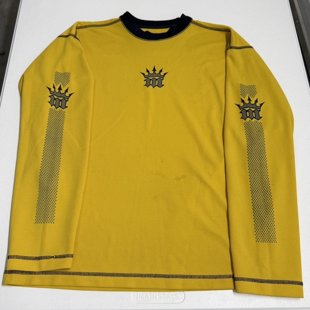 Micro Jersey Mens Medium Yellow Good Y2K Motocross Long Sleeve Mesh Graphic Tee
